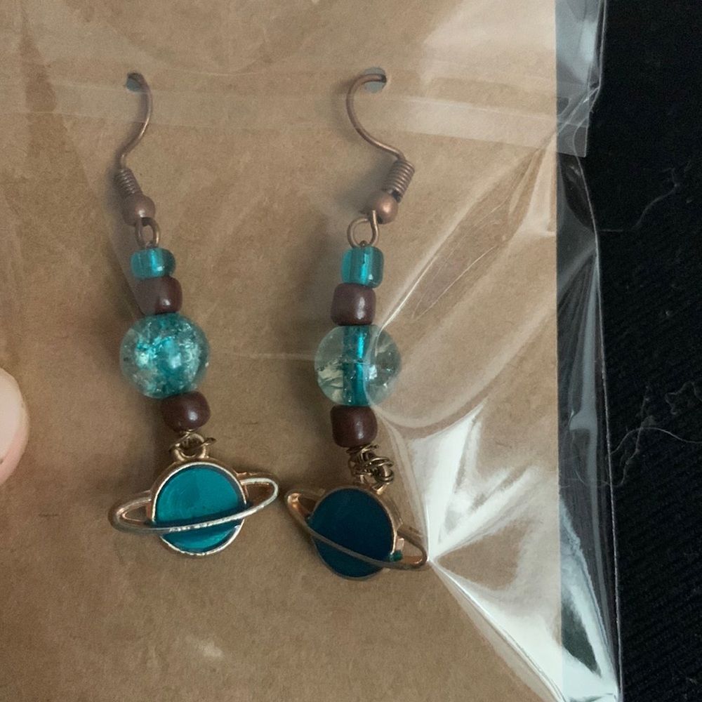 Blue and brown hand made planet earrings